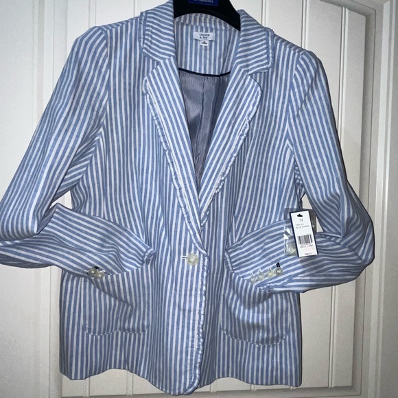 crown & ivy Jackets & Blazers - Crown & Ivy Blue and White Striped Blazer with Ruffles